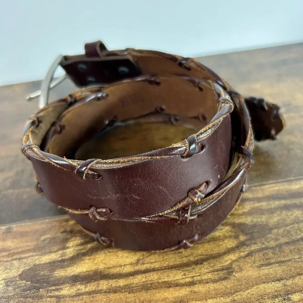 REI Brown Leather Belt Solid Silver Buckle Mens 36 Distressed Wrap Braid Detail